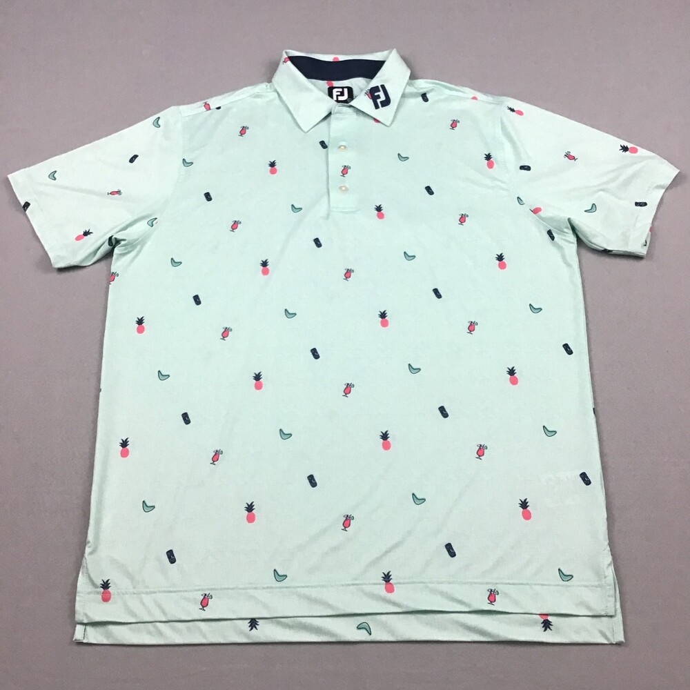 FootJoy Polo Shirt Men Large Green Pineapple Cocktail Print Golfer Short Sleeve